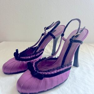 Louis Vuitton sling back heels, satin, black and purple lace velvet 38 7.5 8